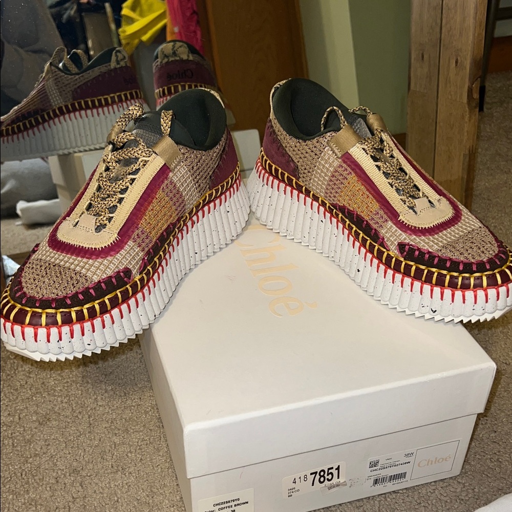CHLOE NAMA MULTICOLOR COFFEE BROWN WOVEN PLATFORM SNEAKERS IN SIZE 38 EU - Picture 15 of 17